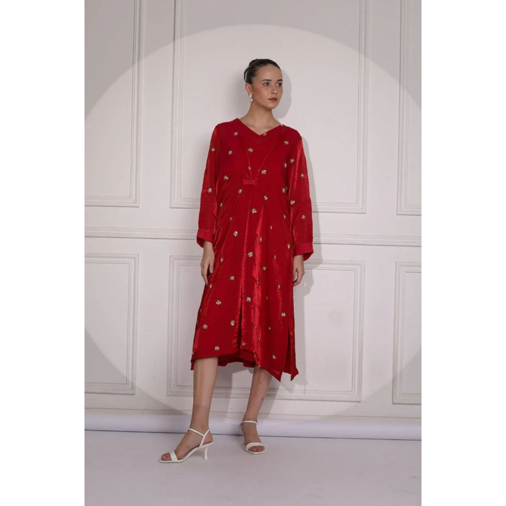 Ruhm Hot Pink Midi Dress with Exquisite Handwork