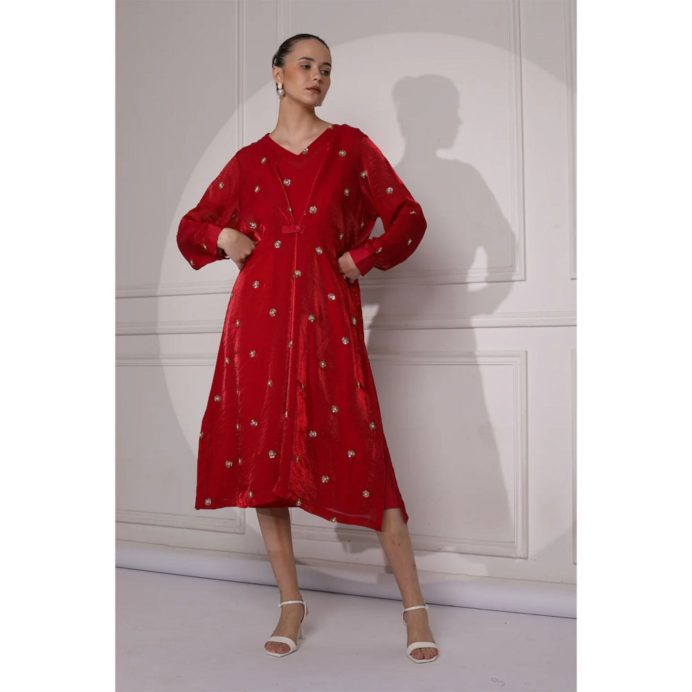 Ruhm Hot Pink Midi Dress with Exquisite Handwork