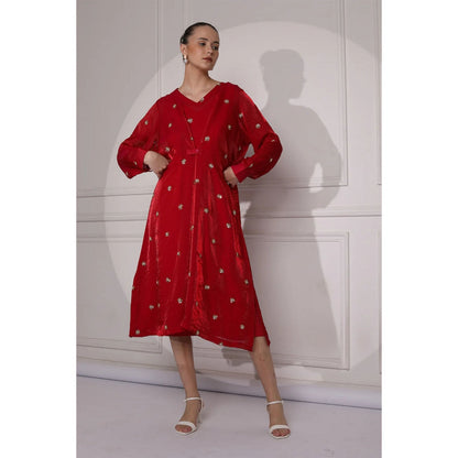Ruhm Hot Pink Midi Dress with Exquisite Handwork
