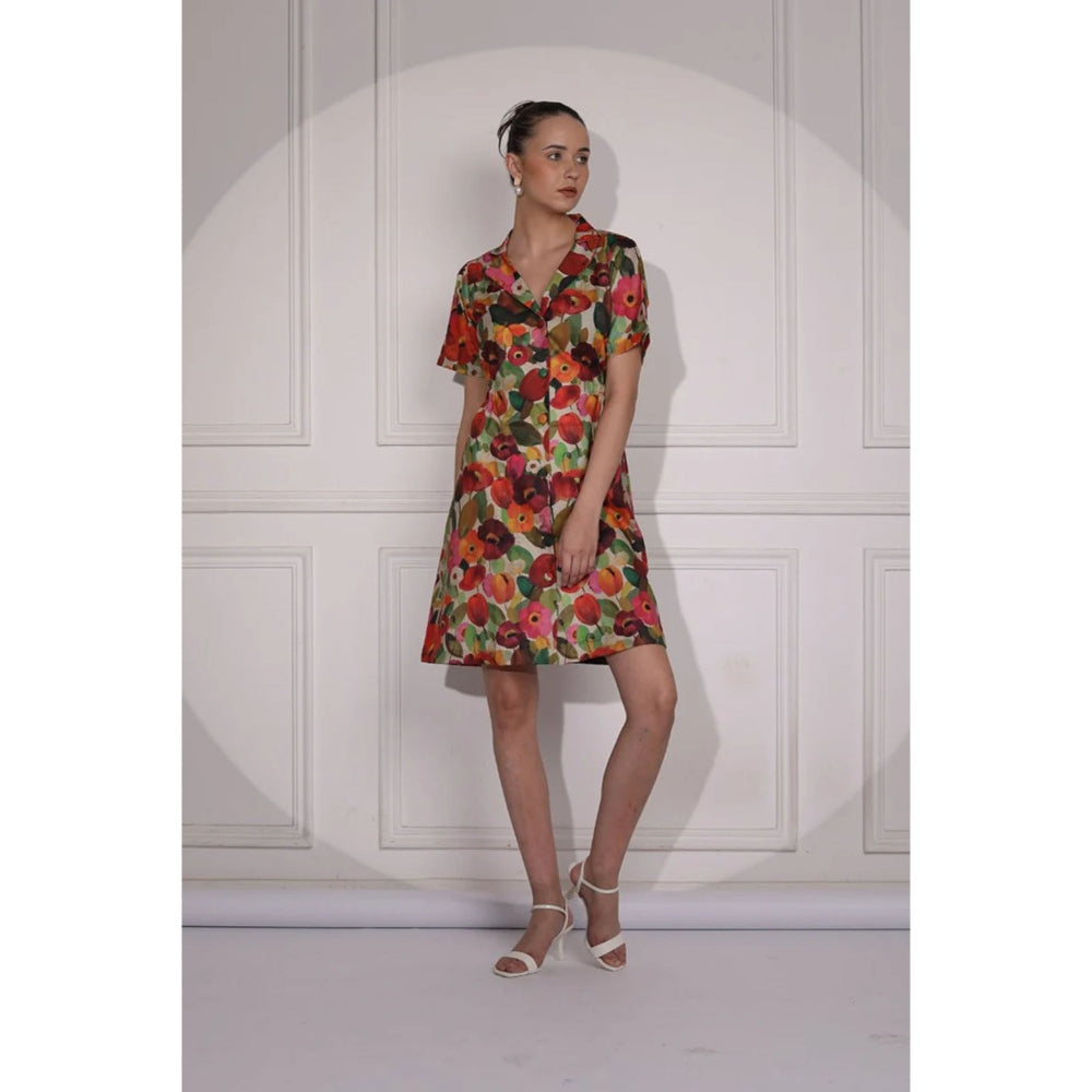 Ruhm Blue Printed Dress with Motifs and Long Sleeves
