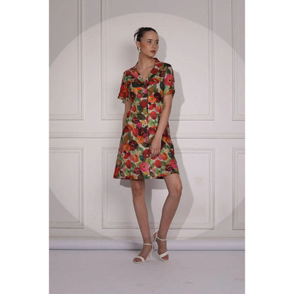 Ruhm Blue Printed Dress with Motifs and Long Sleeves