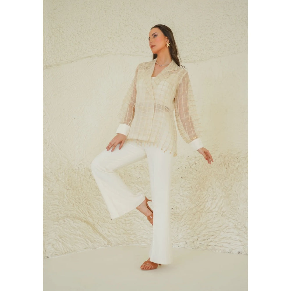 Ruhm Ivory Grid Sheer Bustier with Top and Pant (Set of 3)