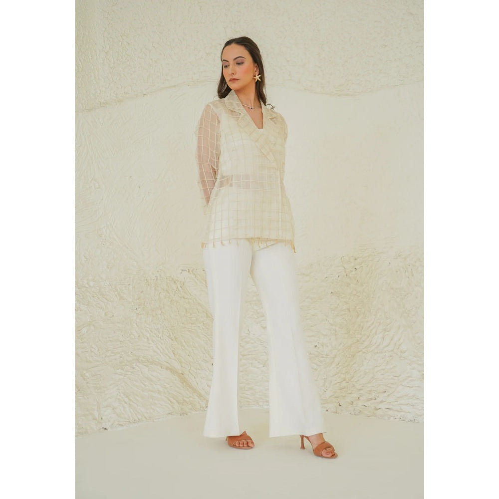 Ruhm Ivory Grid Sheer Bustier with Top and Pant (Set of 3)