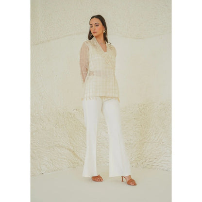 Ruhm Ivory Grid Sheer Bustier with Top and Pant (Set of 3)