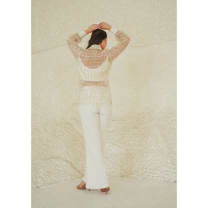 Ruhm Ivory Grid Sheer Bustier with Top and Pant (Set of 3)