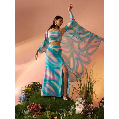 Rukinder Kumar Blue Dye Print Cape with Crop Top and Skirt (Set of 3)