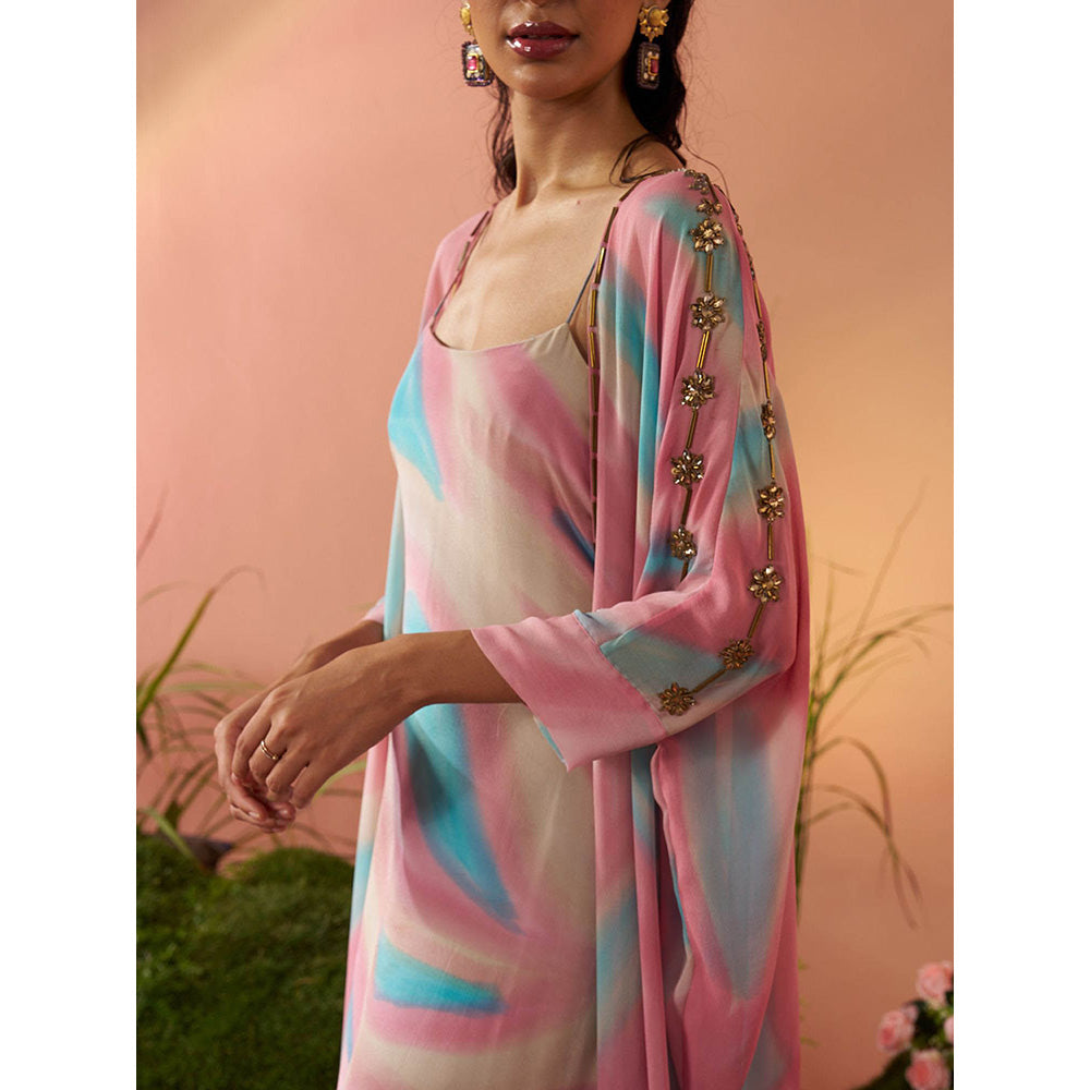 Rukinder Kumar Multi-Colour Dye-Print Cape with Dress (Set of 2)