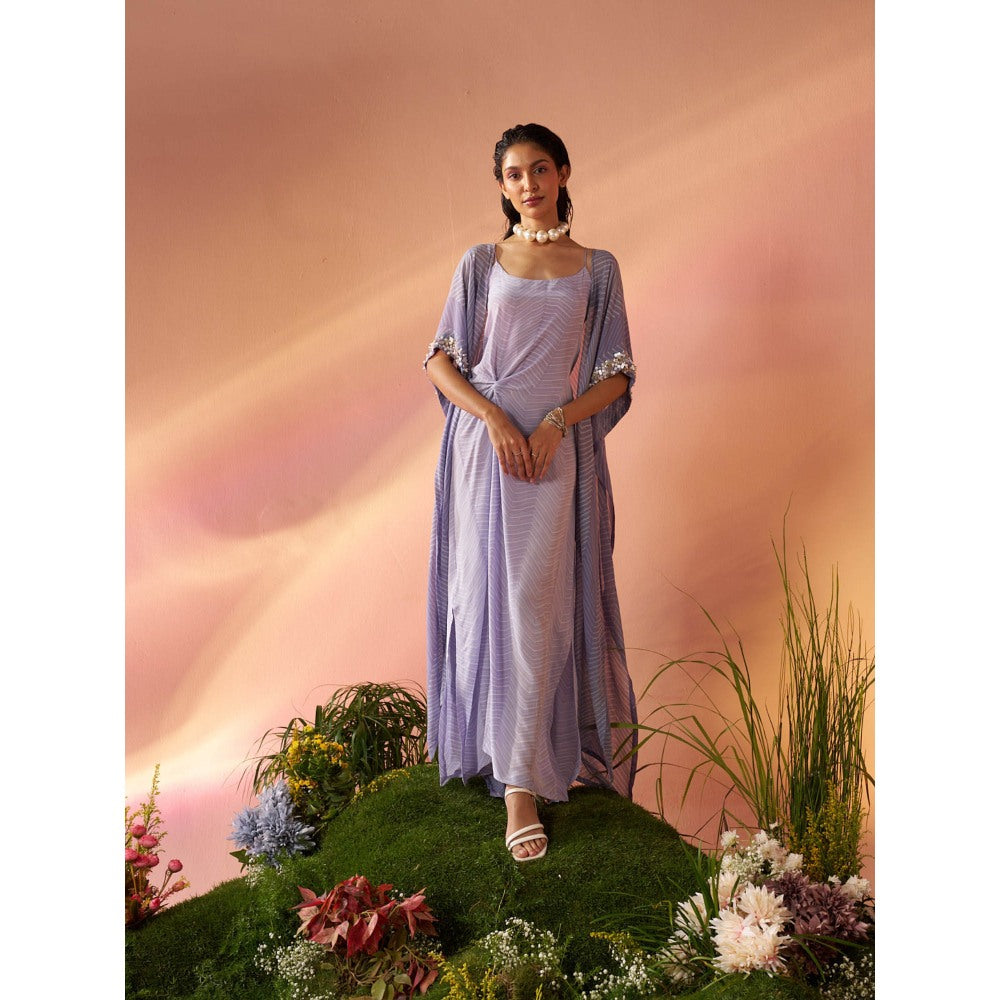 Rukinder Kumar Purple Shibori Cape with Knotted Dress (Set of 2)