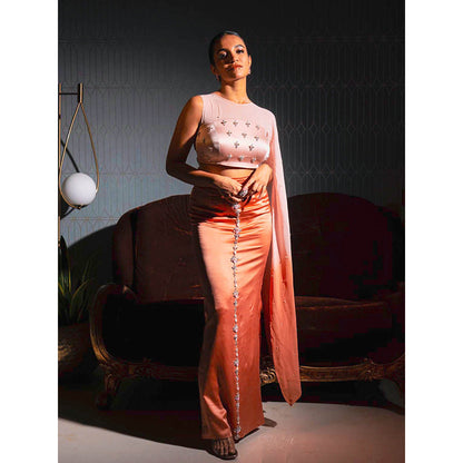 Rukinder Kumar Peach Rustic Radiance Skirt with Attached Cape Blouse (Set of 2)