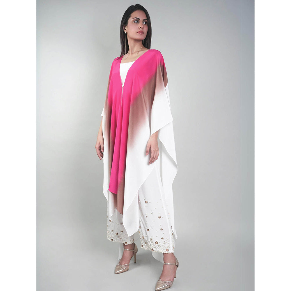 Rukinder Kumar Pink Ombre Crop Top with Cape and Beaded Pant (Set of 3)