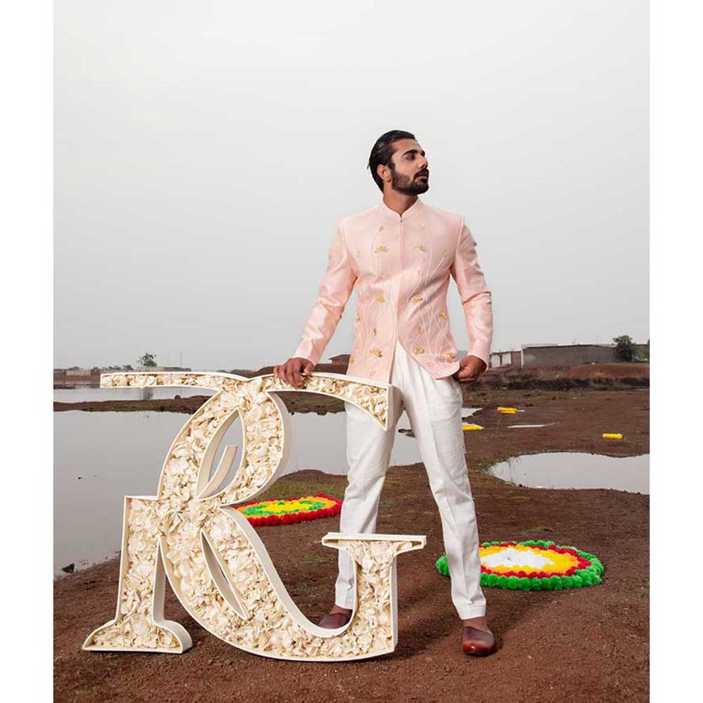 Runit Gupta Soft Pink Lotus Embroidered Jodhpuri Jacket and Pant (Set of 2)