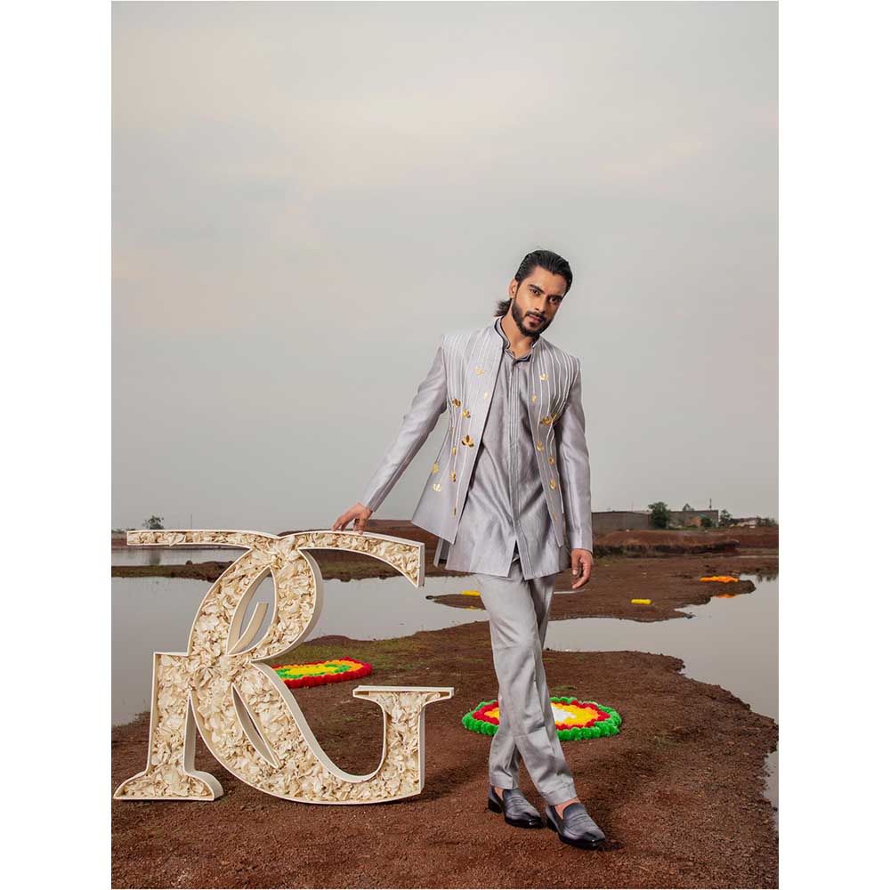 Runit Gupta Ash Lotus Embroidered Jodhpuri Jacket with Kurta and Pant (Set of 3)