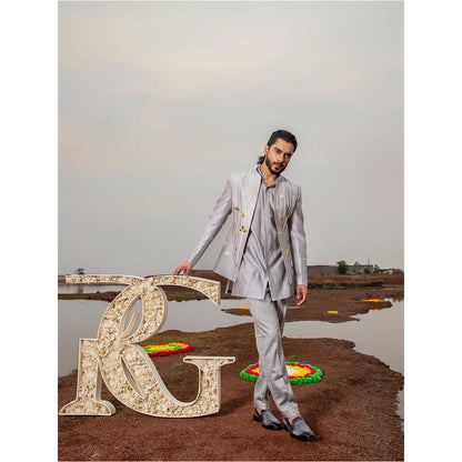 Runit Gupta Ash Lotus Embroidered Jodhpuri Jacket with Kurta and Pant (Set of 3)