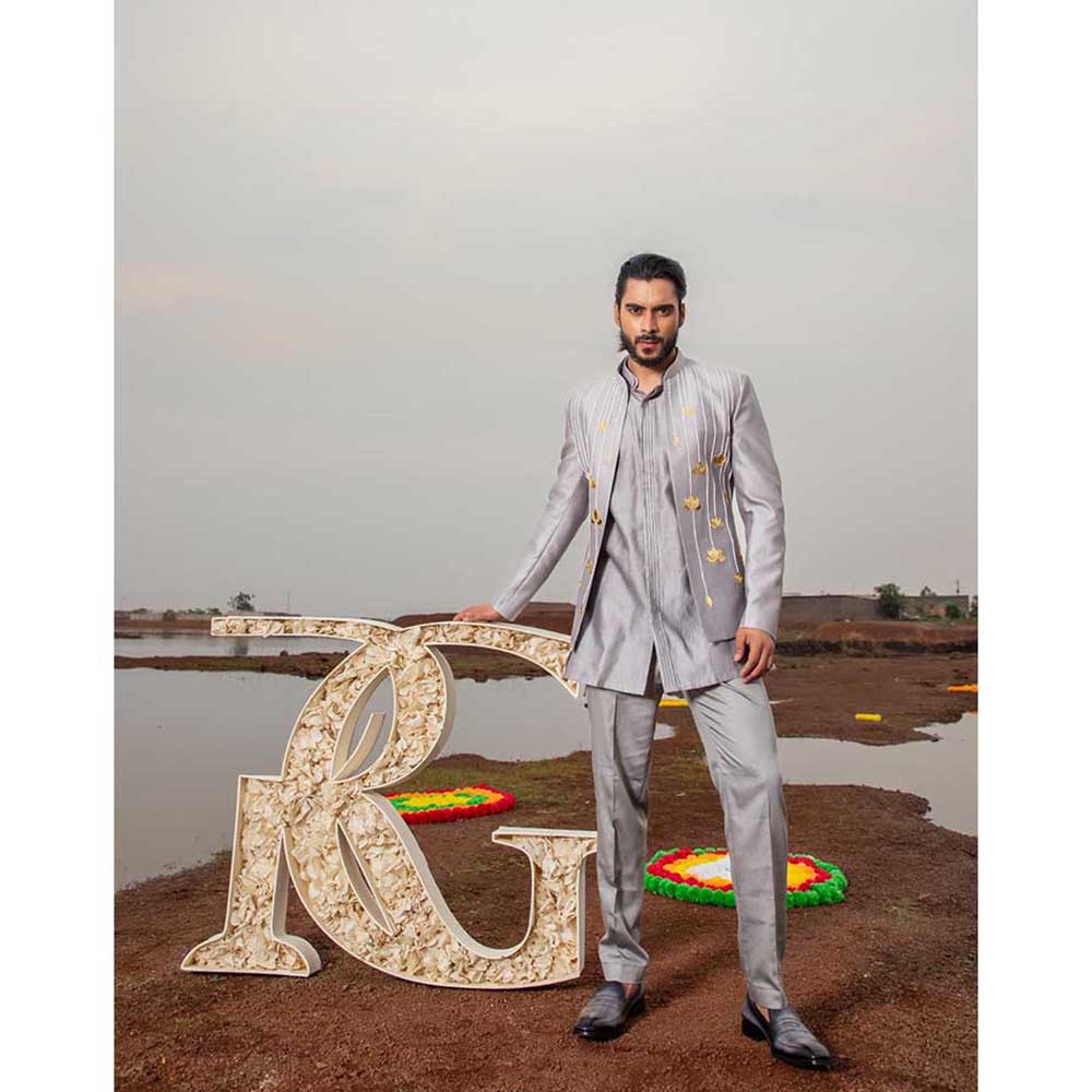 Runit Gupta Ash Lotus Embroidered Jodhpuri Jacket with Kurta and Pant (Set of 3)