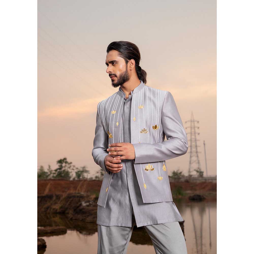 Runit Gupta Ash Lotus Embroidered Jodhpuri Jacket with Kurta and Pant (Set of 3)