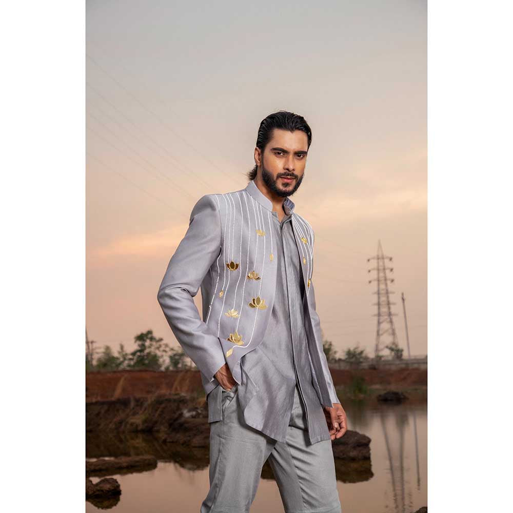 Runit Gupta Ash Lotus Embroidered Jodhpuri Jacket with Kurta and Pant (Set of 3)