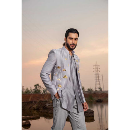 Runit Gupta Ash Lotus Embroidered Jodhpuri Jacket with Kurta and Pant (Set of 3)