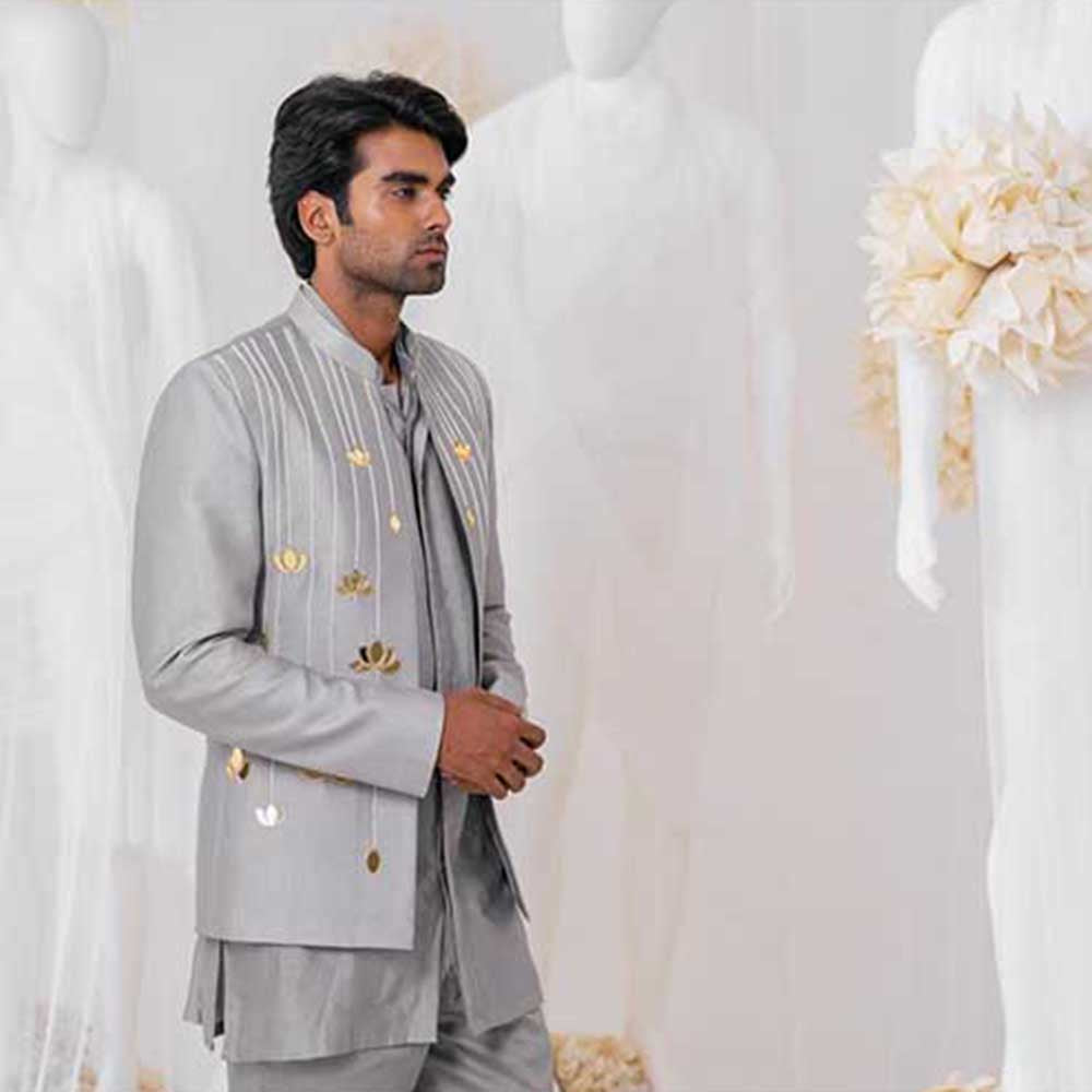 Runit Gupta Ash Lotus Embroidered Jodhpuri Jacket with Kurta and Pant (Set of 3)