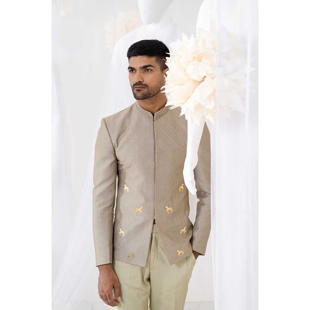 Runit Gupta Khaki Horse Embroidered Jodhpuri Jacket and Pant (Set of 2)