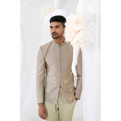 Runit Gupta Khaki Horse Embroidered Jodhpuri Jacket and Pant (Set of 2)