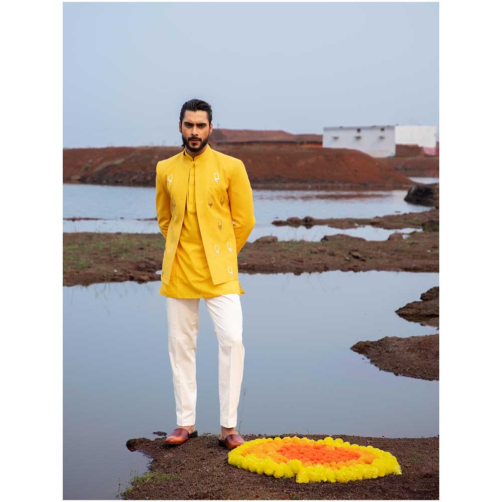 Runit Gupta Yellow Gold Khidki Jodhpuri Jacket with Kurta and Pant (Set of 3)
