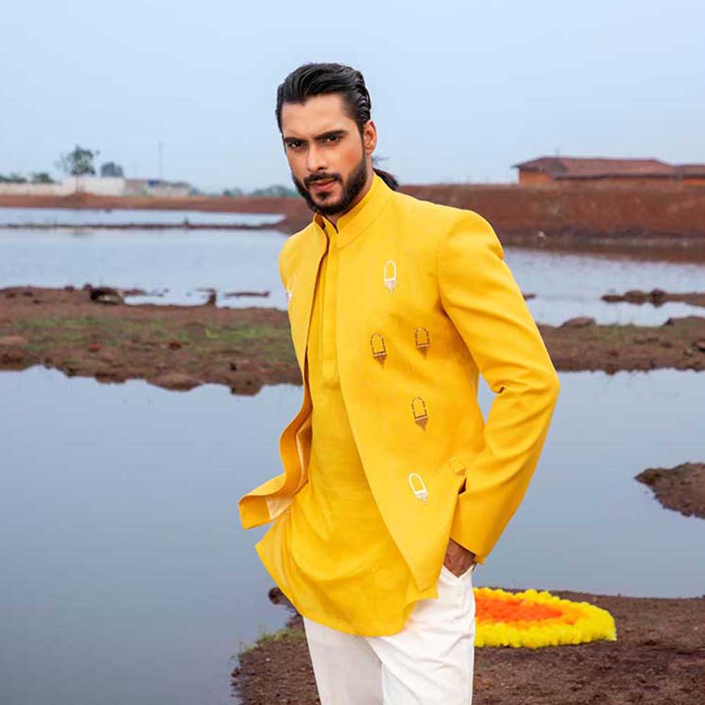 Runit Gupta Yellow Gold Khidki Jodhpuri Jacket with Kurta and Pant (Set of 3)
