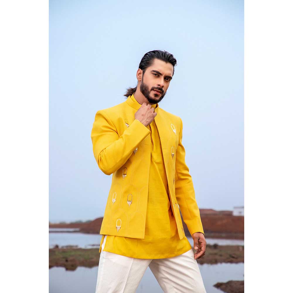 Runit Gupta Yellow Gold Khidki Jodhpuri Jacket with Kurta and Pant (Set of 3)