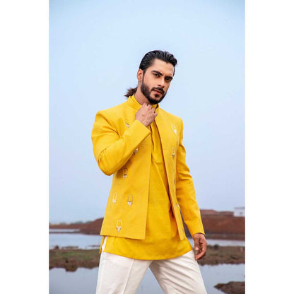 Runit Gupta Yellow Gold Khidki Jodhpuri Jacket with Kurta and Pant (Set of 3)