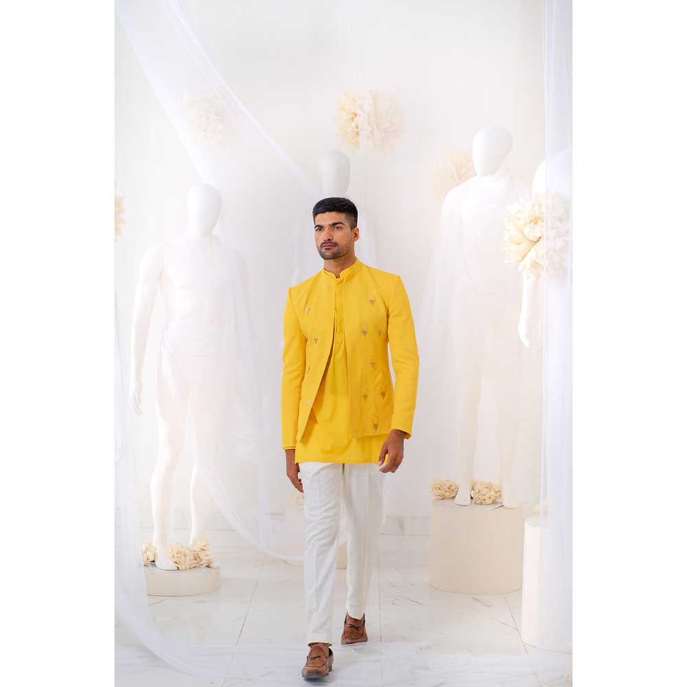 Runit Gupta Yellow Gold Khidki Jodhpuri Jacket with Kurta and Pant (Set of 3)