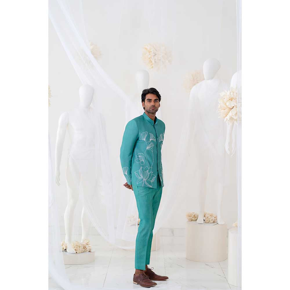 Runit Gupta Aqua Flora Jodhpuri Jacket and Pant (Set of 2)