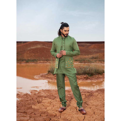 Runit Gupta Monstera Deep Green Bundi Jacket with Kurta and Pant (Set of 3)
