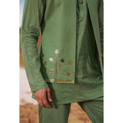 Runit Gupta Monstera Deep Green Bundi Jacket with Kurta and Pant (Set of 3)