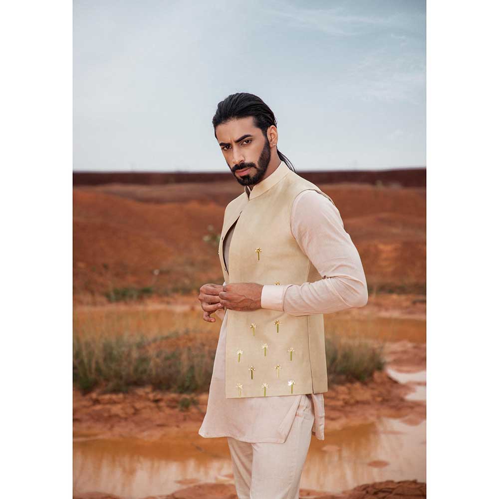 Runit Gupta Khaki Cutpipe Bundi Jacket with Kurta and Pant (Set of 3)