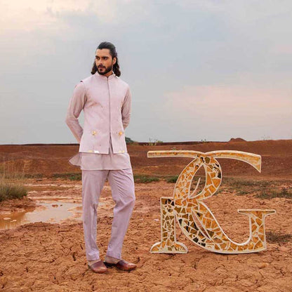 Runit Gupta Periwinkle Tiger Bundi Jacket with Kurta and Pant (Set of 3)