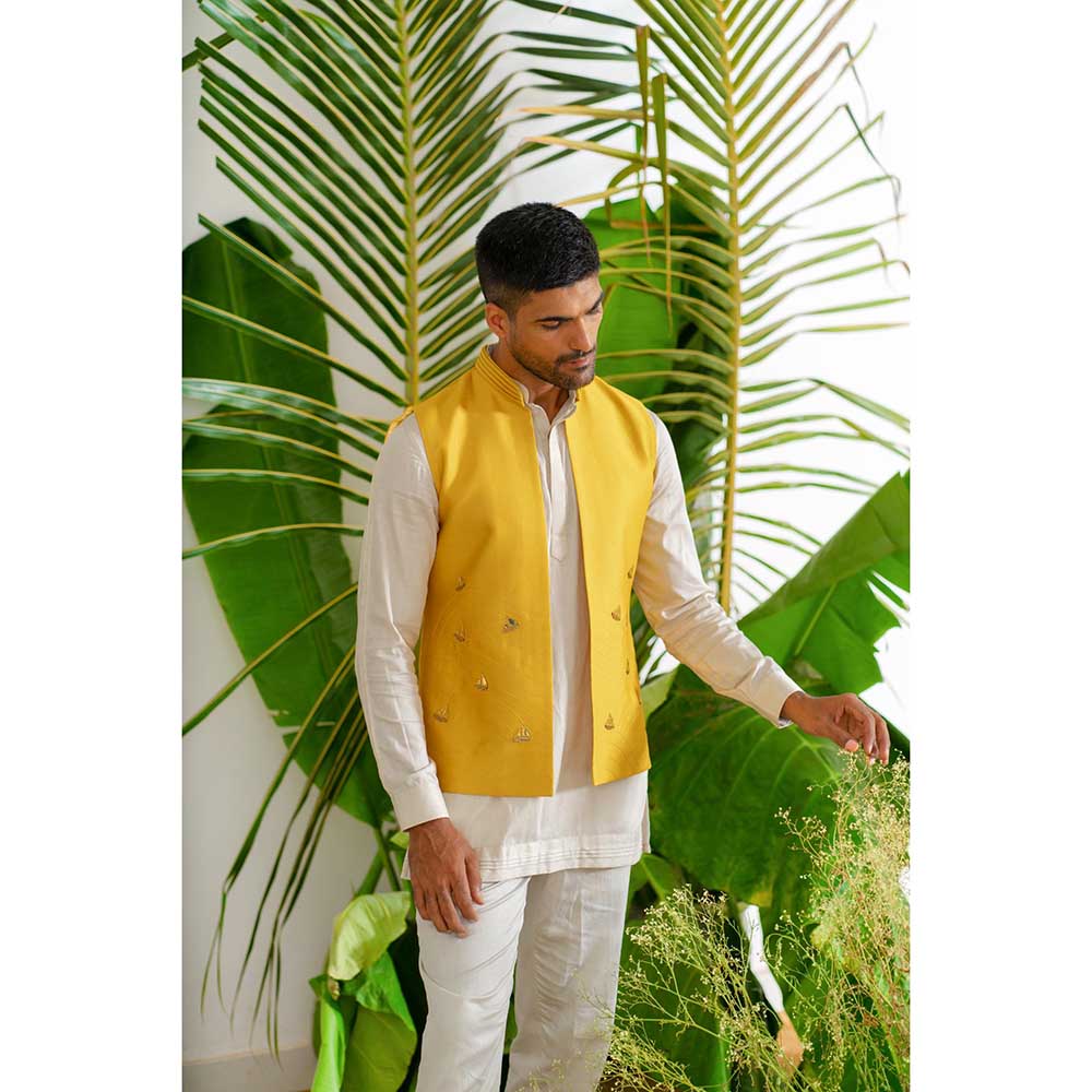 Runit Gupta Yellow Boat Bundi Jacket with Kurta and Pant (Set of 3)