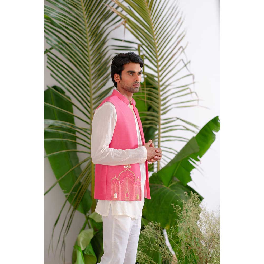 Runit Gupta Pink Arch Bundi Jacket with Kurta and Pant (Set of 3)
