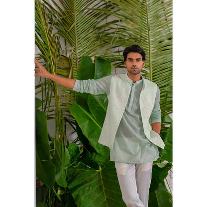 Runit Gupta Blue Bloom Bundi Jacket with Kurta and Pant (Set of 3)