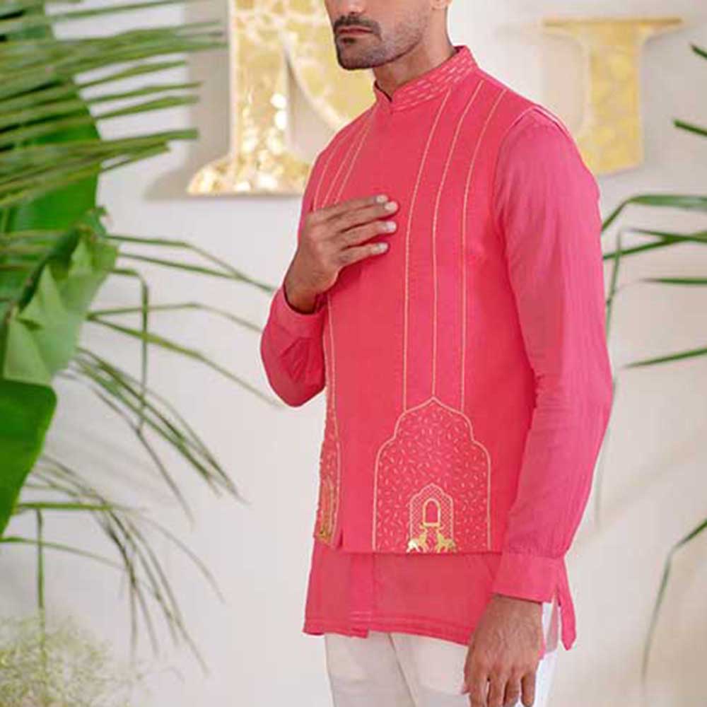 Runit Gupta Hot Pink Arches Bundi Jacket with Kurta and Pant (Set of 3)