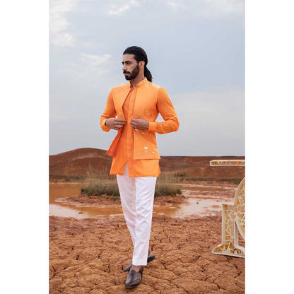 Runit Gupta Tangerine Boat Bundi Jacket with Kurta and Pant (Set of 3)
