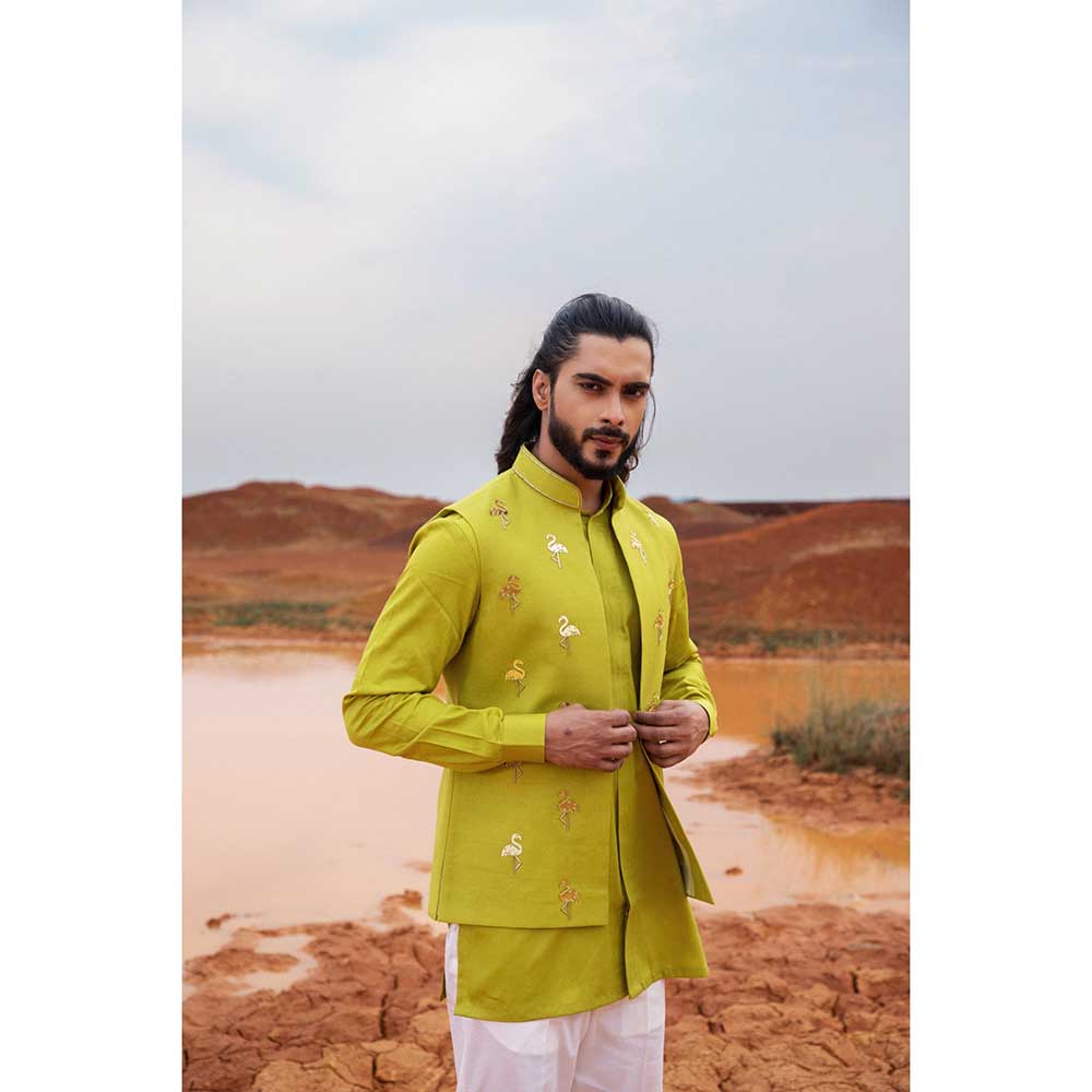 Runit Gupta Green Flamingo Embroidered Bundi Jacket