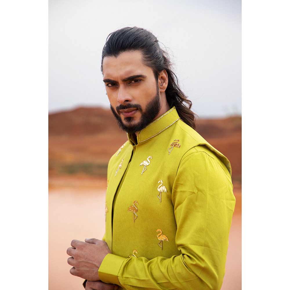Runit Gupta Green Flamingo Embroidered Bundi Jacket
