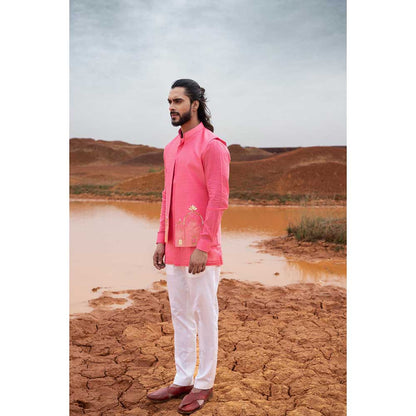 Runit Gupta Fuchsia Fort Bundi Jacket with Kurta and Pant (Set of 3)