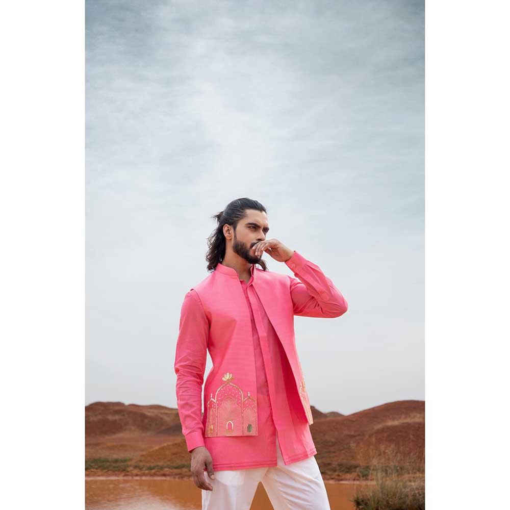 Runit Gupta Fuchsia Fort Bundi Jacket with Kurta and Pant (Set of 3)