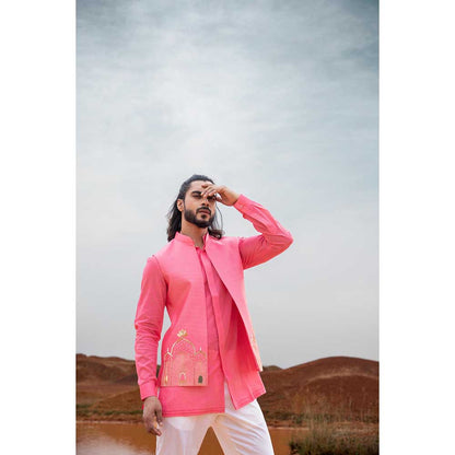 Runit Gupta Fuchsia Fort Bundi Jacket with Kurta and Pant (Set of 3)