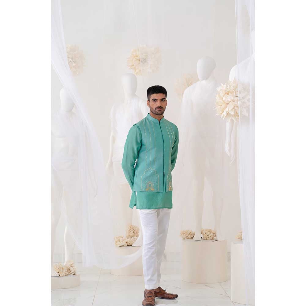 Runit Gupta Teal Summer Bundi Jacket