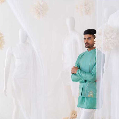 Runit Gupta Teal Summer Bundi Jacket