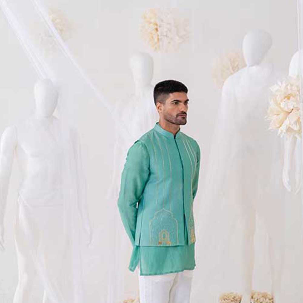 Runit Gupta Teal Summer Bundi Jacket