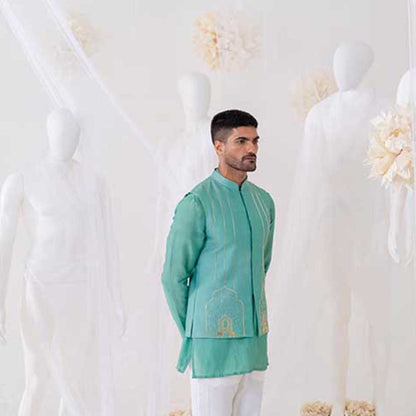 Runit Gupta Teal Summer Bundi Jacket