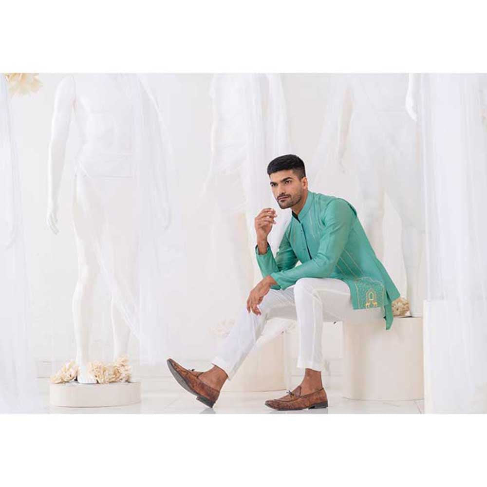Runit Gupta Teal Summer Bundi Jacket