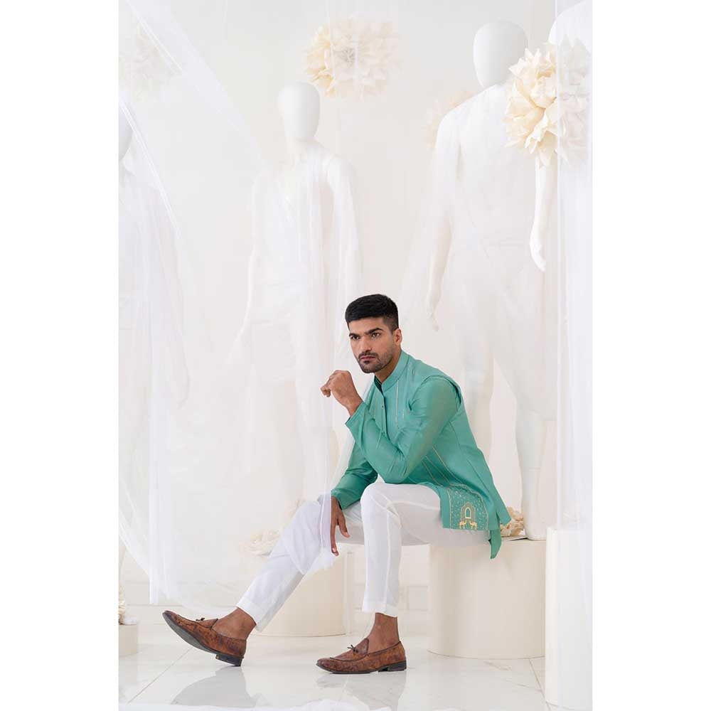 Runit Gupta Teal Summer Bundi Jacket with Kurta and Pant (Set of 3)